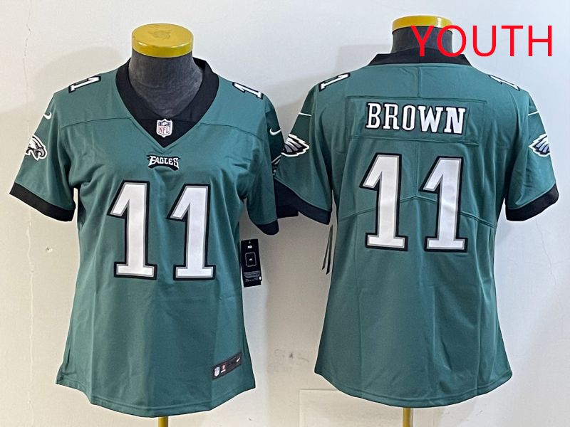 Youth Philadelphia Eagles #11 Brown Green Second generation 2025 Nike Limited NFL Jersey style 1
